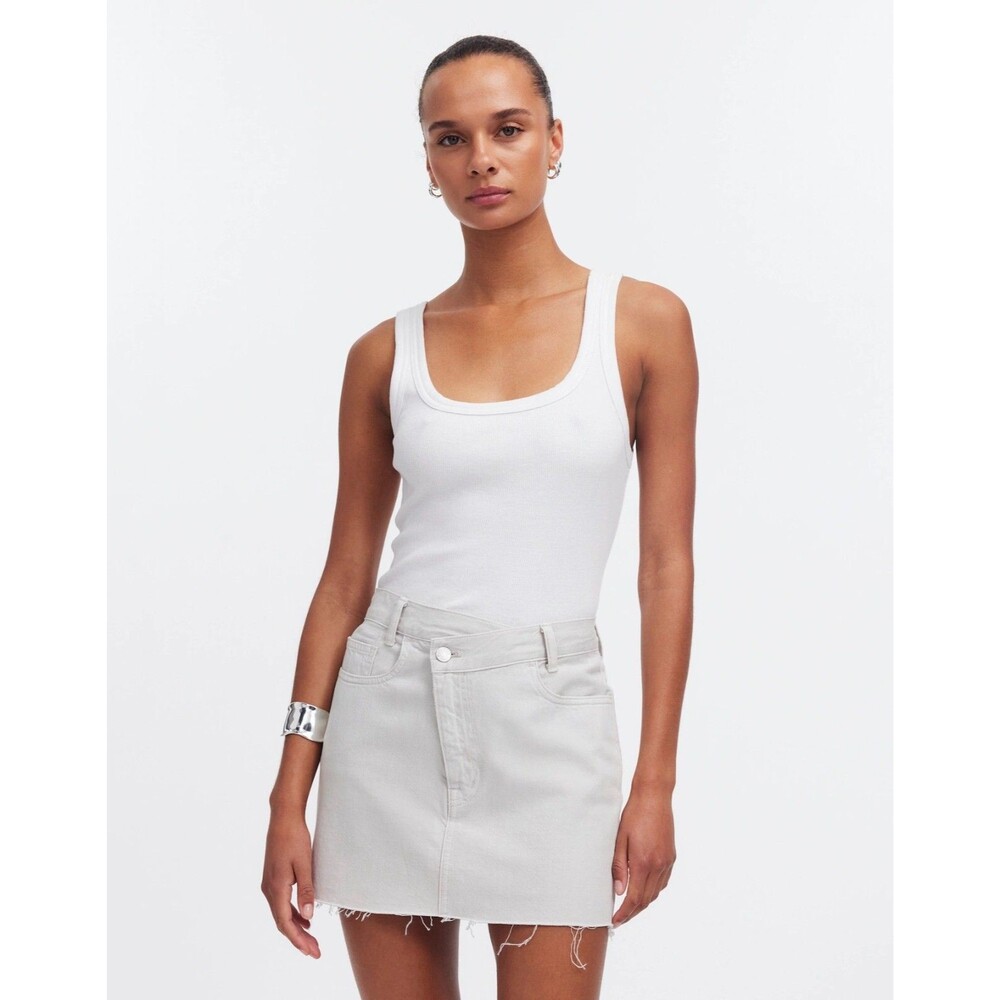 MADEWELL Denim Crossover-Waist Mini Skirt 27 Stone Cut-Off Zip Button NWT B24